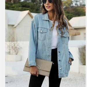 PUWEI Oversized Denim Jacket Distressed Lapel Button Up Long Sleeve shacket